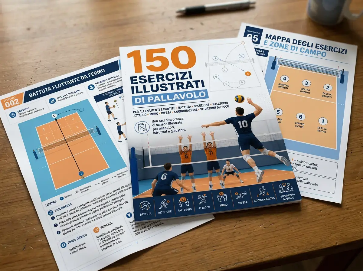Schede della guida di pallavolo stampate in formato A4 su un tavolo